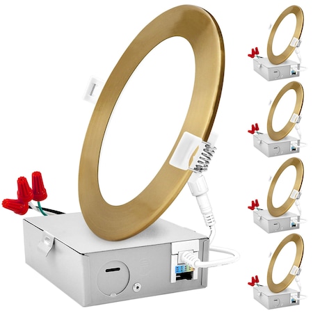 Luxrite 6 Inch Ultra Thin LED Recessed Downlights 5CCT 2700K-5000K 12W 1000LM Dimmable IC Rated Brass, 4PK LR23761 LR23859-4PK